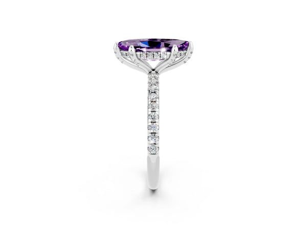 Platinum Marquise Cut Amethyst Hidden Halo Engagement Ring with Round Pavé Band and Prong Setting