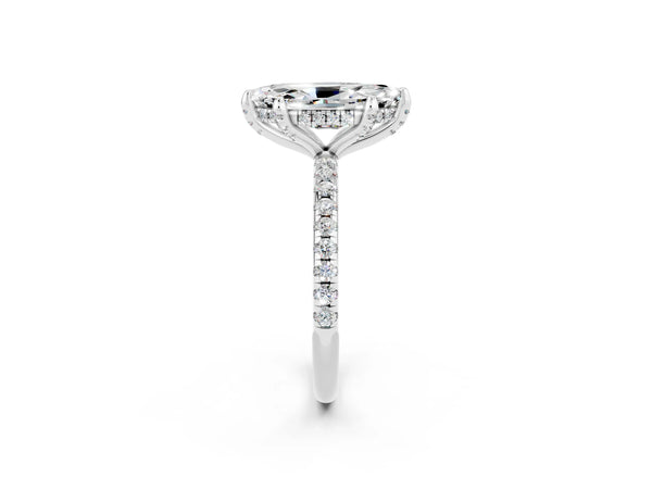 White gold Marquise Cut Moissanite Hidden Halo Engagement Ring with Round Pavé Band and Prong Setting