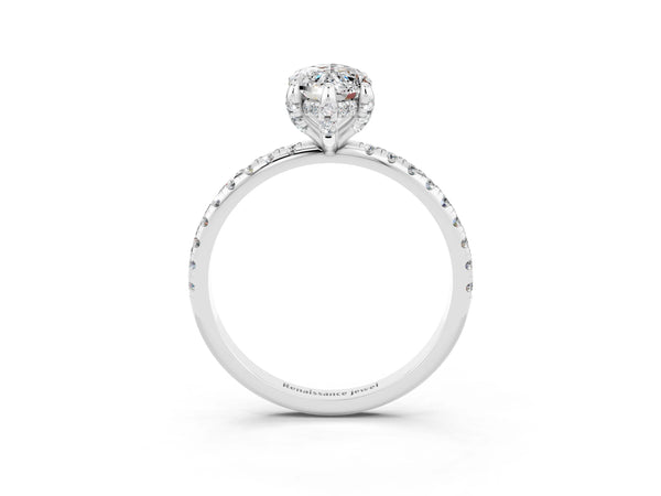 White gold Marquise Cut Moissanite Hidden Halo Engagement Ring with Round Pavé Band and Prong Setting