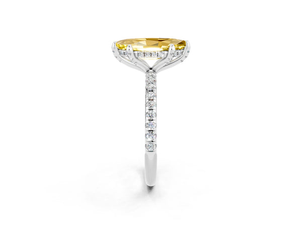 Silver Marquise Cut Yellow Sapphire Hidden Halo Engagement Ring with Round Pavé Band and Prong Setting