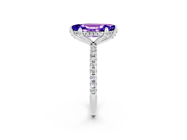 White gold Marquise Cut Tanzanite Hidden Halo Engagement Ring with Round Pavé Band and Prong Setting