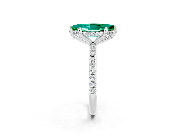 Platinum Marquise Cut Emerald Hidden Halo Engagement Ring with Round Pavé Band and Prong Setting