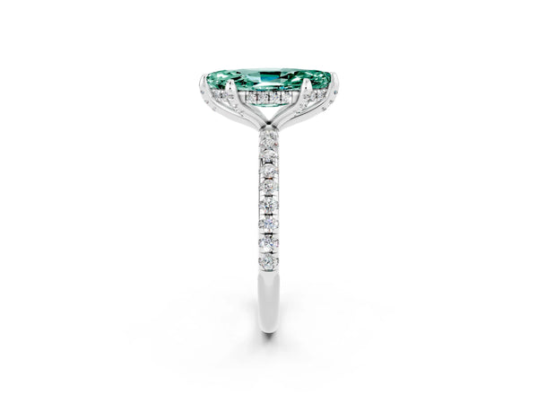 Silver Marquise Cut Green Sapphire Hidden Halo Engagement Ring with Round Pavé Band and Prong Setting