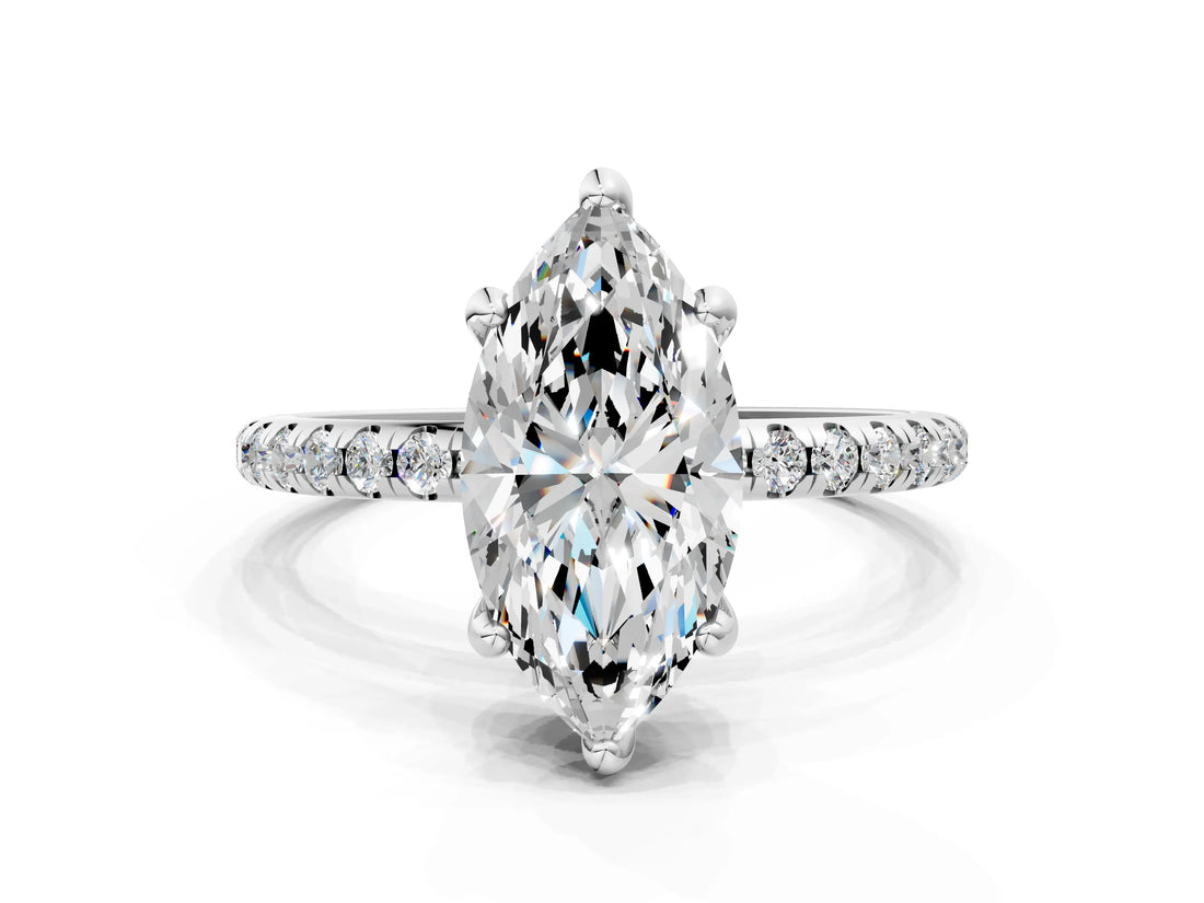 White gold Marquise Cut Diamond Solitaire Ring with Four-Prong Setting and Pavé Band_3