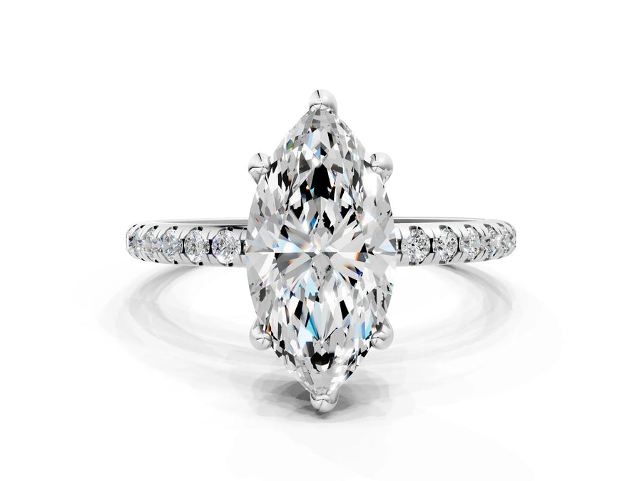 White gold Marquise Cut Diamond Solitaire Ring with Four-Prong Setting and Pavé Band