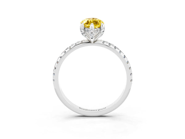 Platinum Marquise Cut Yellow Sapphire Hidden Halo Engagement Ring with Round Pavé Band and Prong Setting