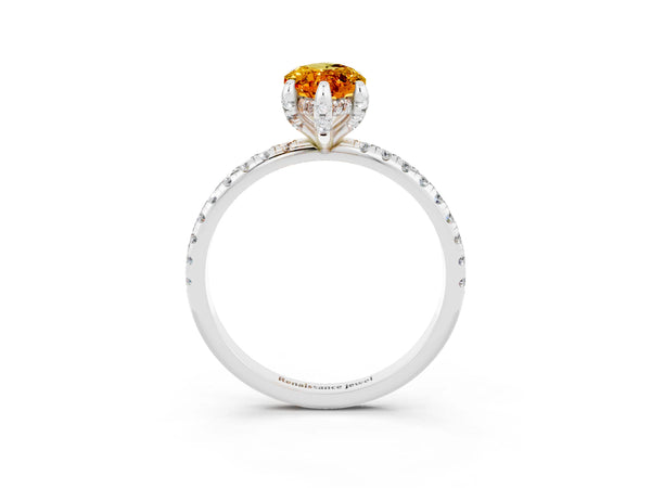 White gold Marquise Cut Citrine Hidden Halo Engagement Ring with Round Pavé Band and Prong Setting