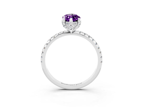 Silver Marquise Cut Amethyst Hidden Halo Engagement Ring with Round Pavé Band and Prong Setting