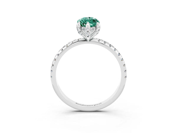 Platinum Marquise Cut Green Sapphire Hidden Halo Engagement Ring with Round Pavé Band and Prong Setting