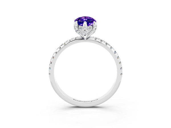 White gold Marquise Cut Tanzanite Hidden Halo Engagement Ring with Round Pavé Band and Prong Setting