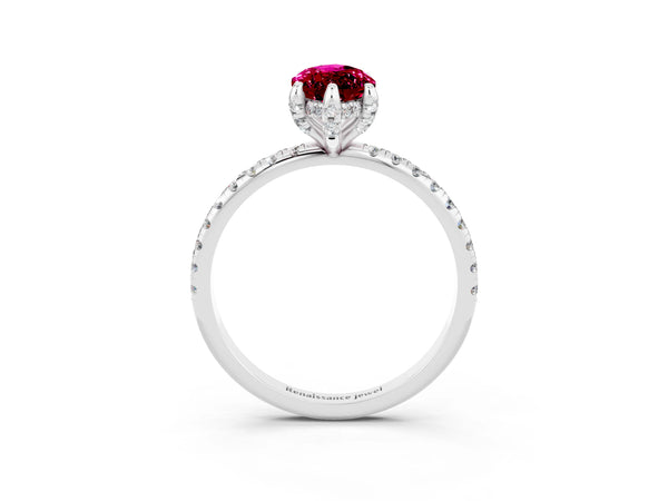 Platinum Marquise Cut Garnet Hidden Halo Engagement Ring with Round Pavé Band and Prong Setting