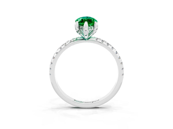 Platinum Marquise Cut Emerald Hidden Halo Engagement Ring with Round Pavé Band and Prong Setting