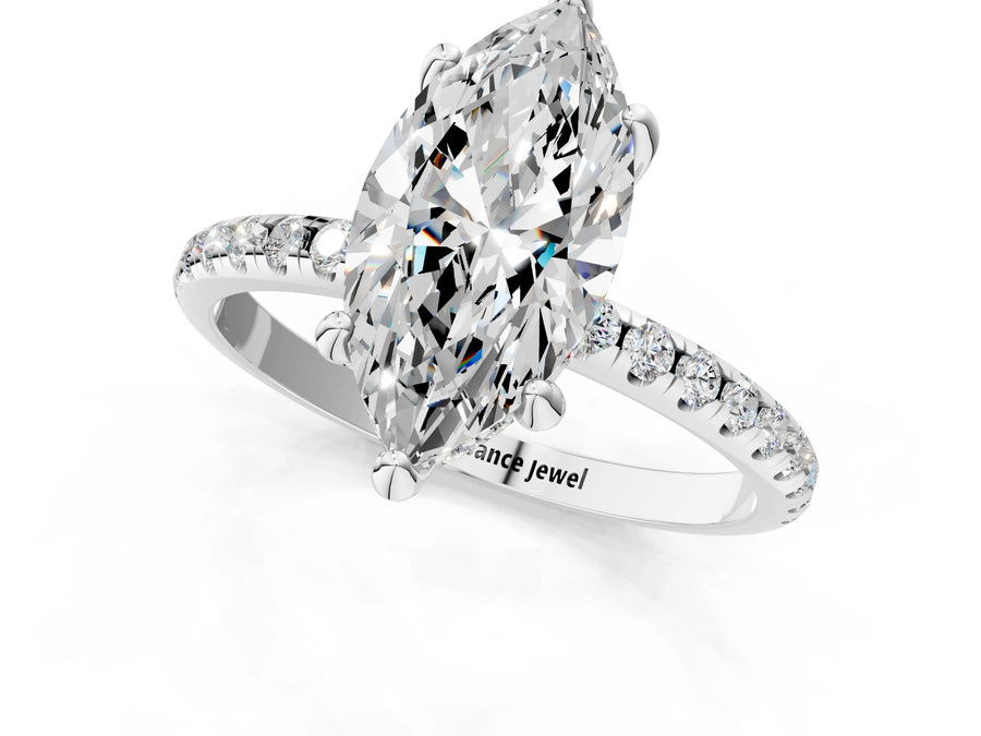White gold Marquise Cut Diamond Solitaire Ring with Four-Prong Setting and Pavé Band