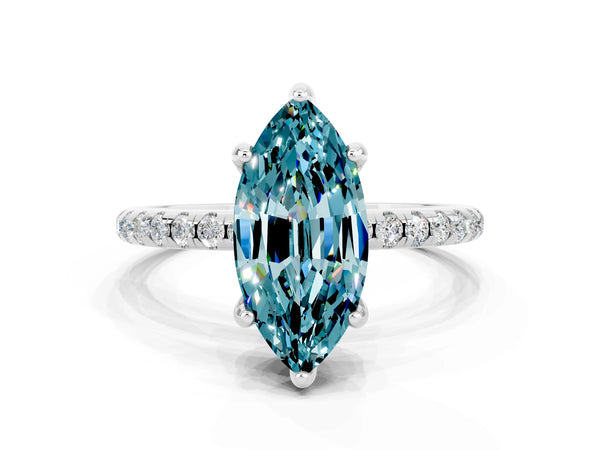 Platinum Marquise Cut Diamond Solitaire Ring with Four-Prong Setting and Pavé Band