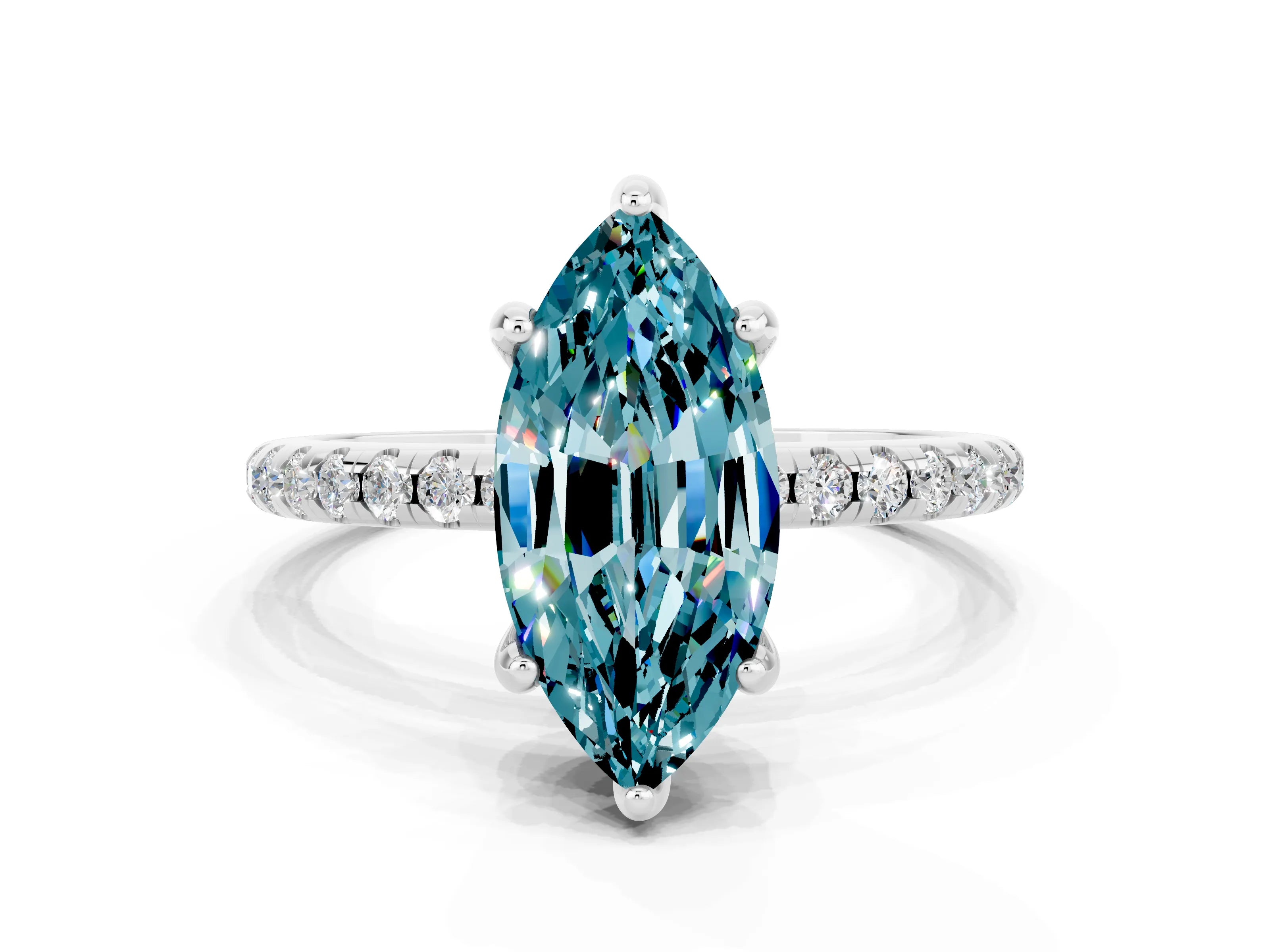 White gold Marquise Cut Diamond Solitaire Ring with Four-Prong Setting and Pavé Band