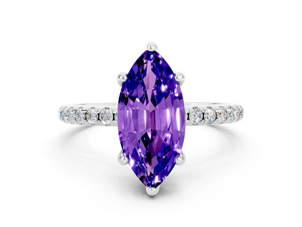 White gold Marquise Cut Tanzanite Hidden Halo Engagement Ring with Round Pavé Band and Prong Setting