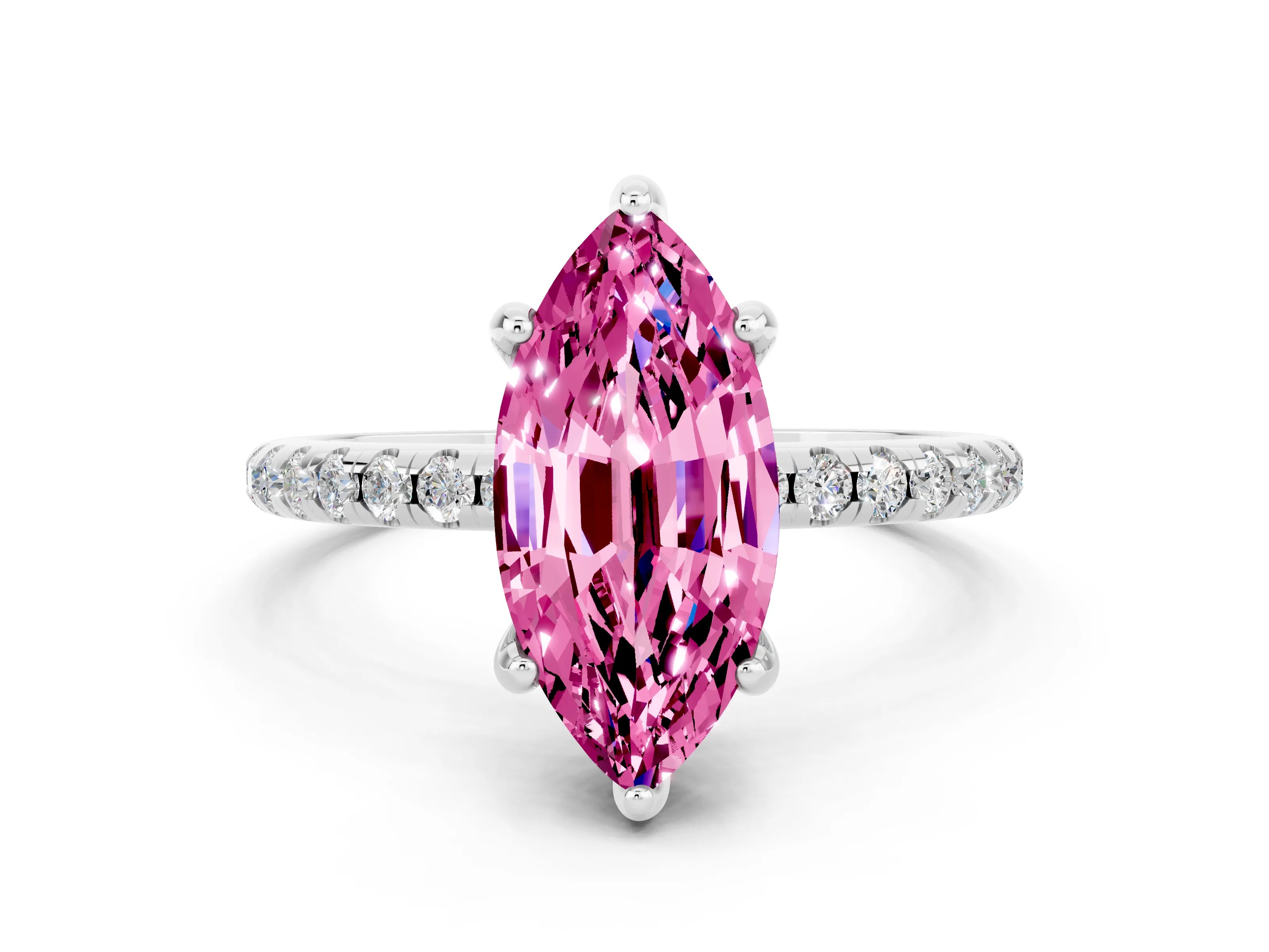 White gold Marquise Cut Diamond Solitaire Ring with Four-Prong Setting and Pavé Band
