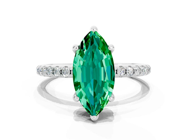 Platinum Marquise Cut Emerald Hidden Halo Engagement Ring with Round Pavé Band and Prong Setting