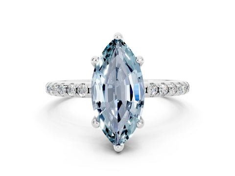 White gold Marquise Cut Diamond Solitaire Ring with Four-Prong Setting and Pavé Band