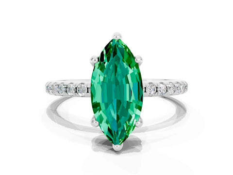 White gold Marquise Cut Diamond Solitaire Ring with Four-Prong Setting and Pavé Band