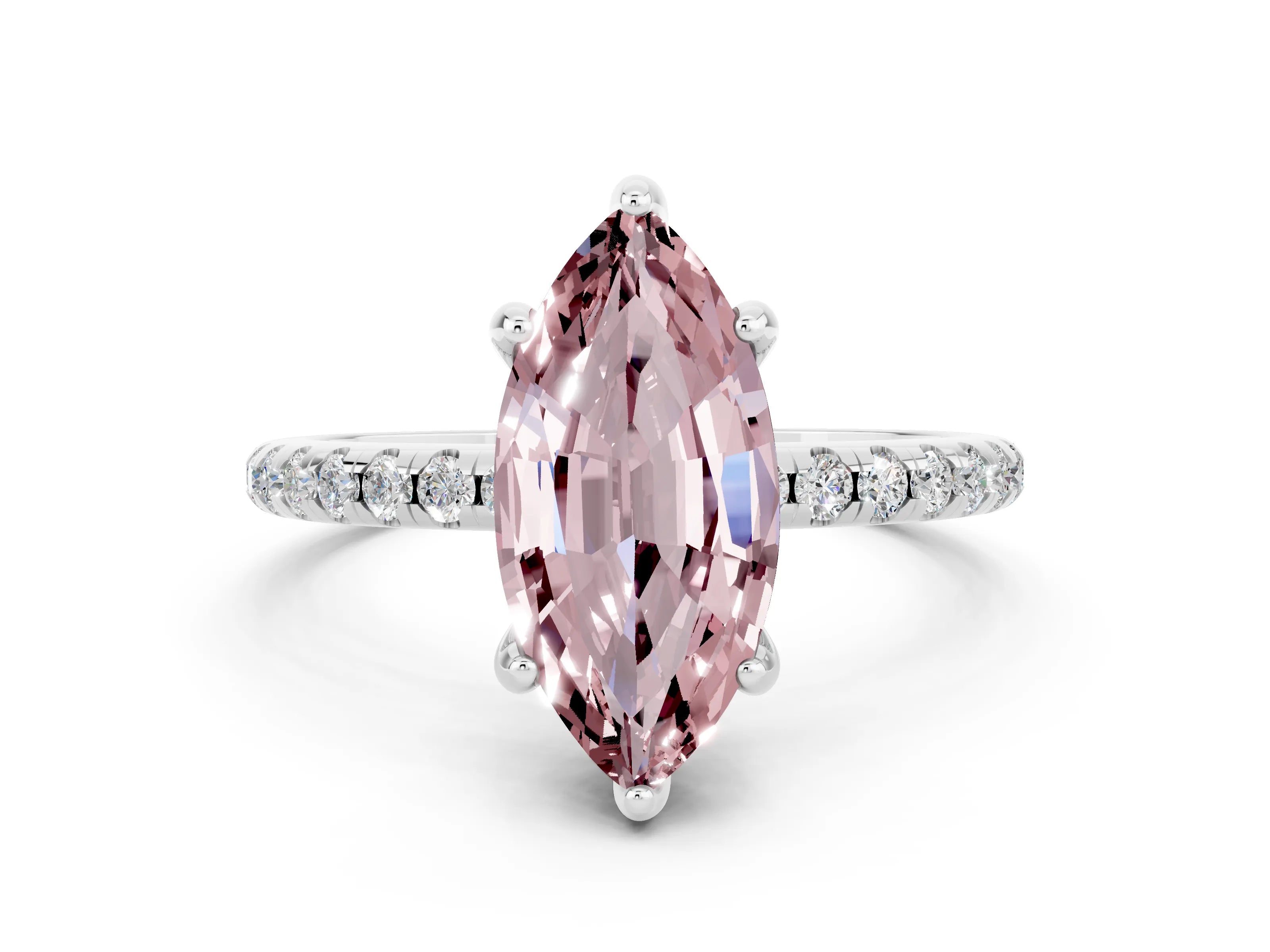 White gold Marquise Cut Diamond Solitaire Ring with Four-Prong Setting and Pavé Band