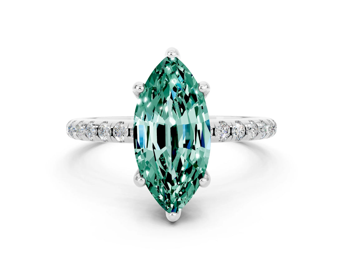 White gold Marquise Cut Diamond Solitaire Ring with Four-Prong Setting and Pavé Band