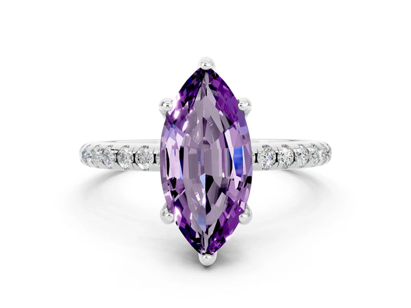 Platinum Marquise Cut Amethyst Hidden Halo Engagement Ring with Round Pavé Band and Prong Setting