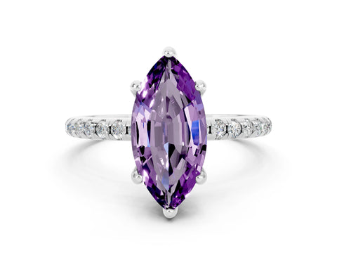 White gold Marquise Cut Diamond Solitaire Ring with Four-Prong Setting and Pavé Band