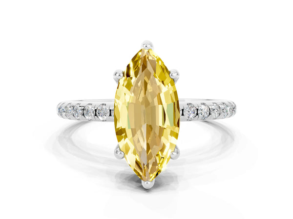 Platinum Marquise Cut Yellow Sapphire Hidden Halo Engagement Ring with Round Pavé Band and Prong Setting