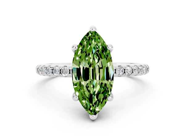 Platinum Marquise Cut Diamond Solitaire Ring with Four-Prong Setting and Pavé Band