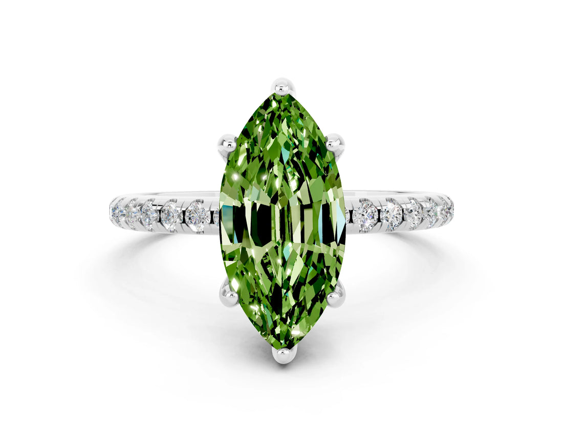 White gold Marquise Cut Diamond Solitaire Ring with Four-Prong Setting and Pavé Band