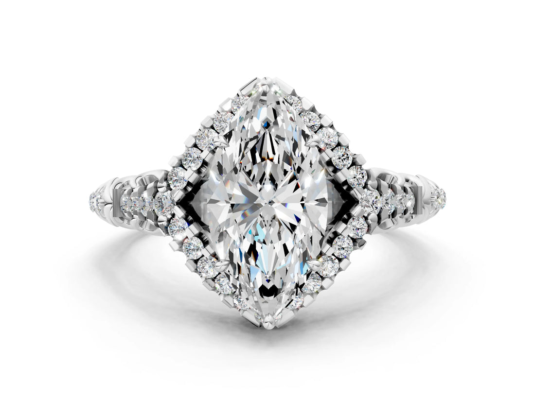 White gold Marquise Cut Diamond Solitaire Ring with Hidden Halo and Pavé Band_33