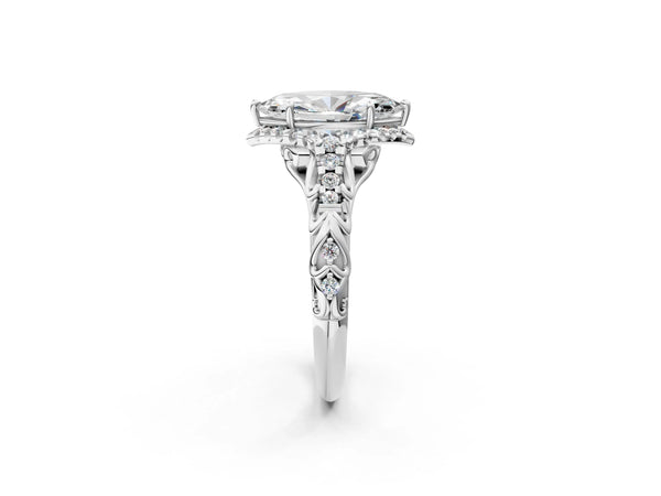 White Gold Marquise Hidden Halo Vintage Filigree Engagement Ring Setting with Pave Band