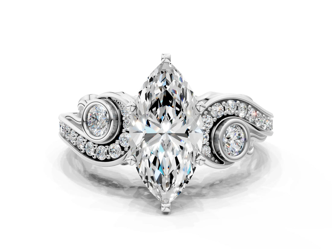 White gold Marquise Cut Diamond Solitaire Ring with Milgrain Pavé Band and Four-Prong Setting_247