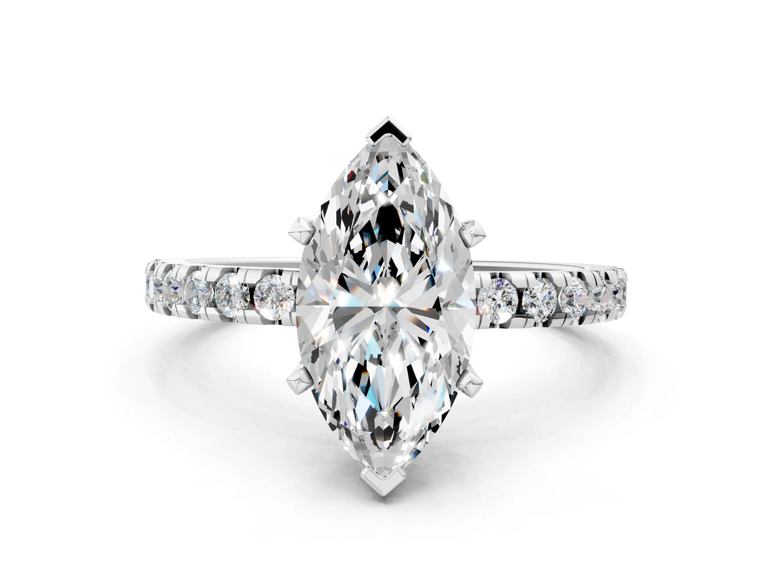 18K White Gold 5.00 Carat F VS1 Marquise Diamond Solitaire Ring with Round  Pavé Band and Four-Prong Setting