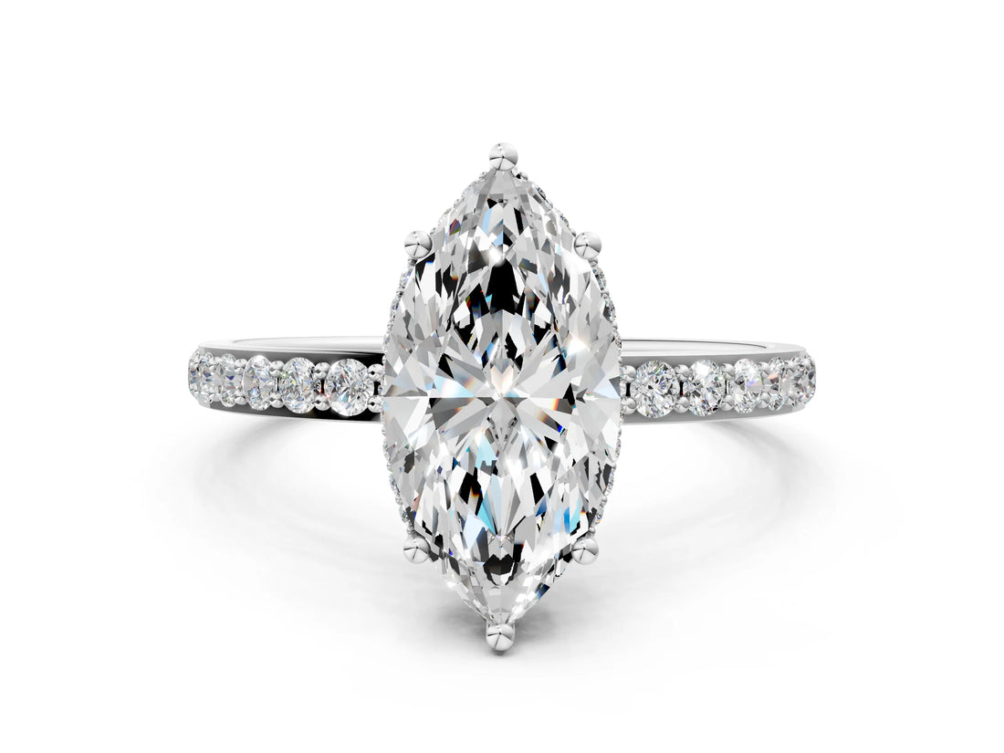 White gold Marquise Cut Diamond Solitaire Ring with Pavé Band and Hidden Halo_20