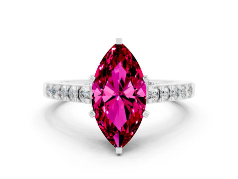 White gold Marquise Cut Diamond Solitaire Ring with Pavé Band and Prong Setting