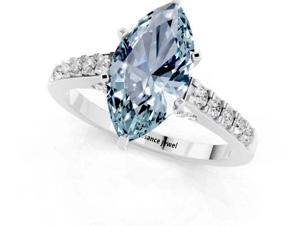 Platinum Marquise Cut Aquamarine Solitaire Ring with Crossover Gallery and Round  Pavé Band