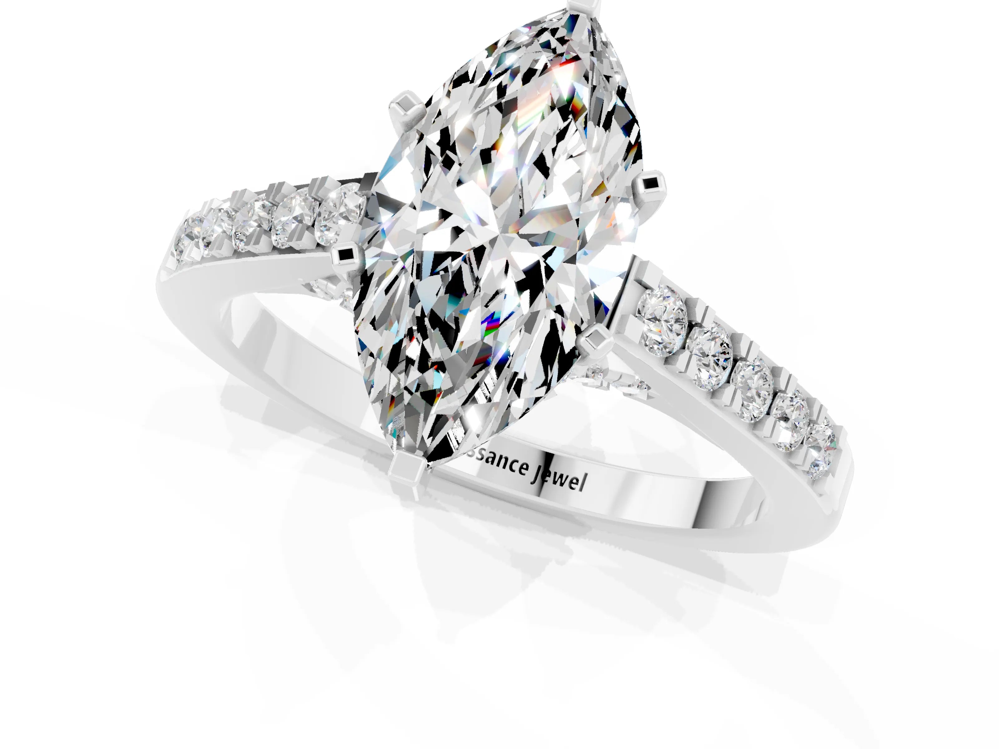 White gold Marquise Cut Diamond Solitaire Ring with Pavé Band and Prong Setting_1