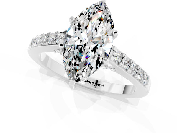 White gold Marquise Cut Moissanite Solitaire Ring with Crossover Gallery and Round  Pavé Band