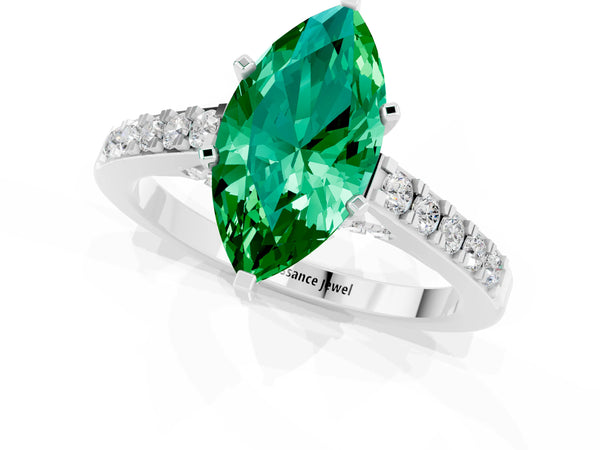 Silver Marquise Cut Emerald Solitaire Ring with Crossover Gallery and Round  Pavé Band