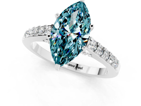 Silver Marquise Cut Blue Topaz Solitaire Ring with Crossover Gallery and Round  Pavé Band