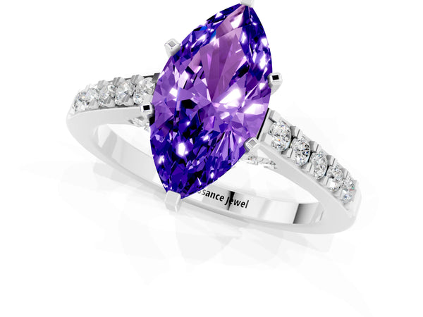 Silver Marquise Cut Tanzanite Solitaire Ring with Crossover Gallery and Round  Pavé Band