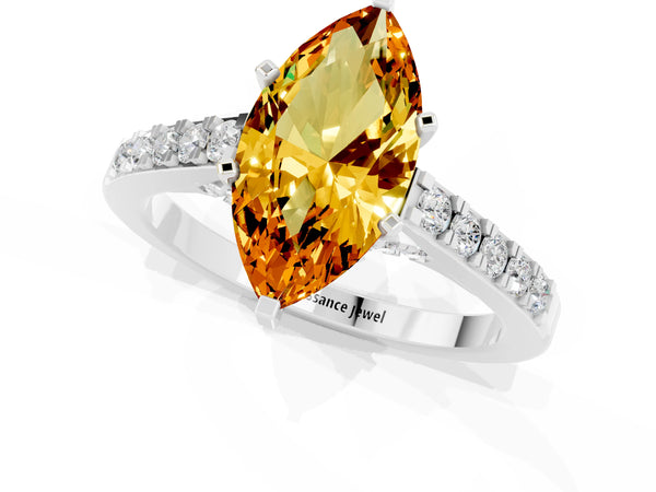 Silver Marquise Cut Citrine Solitaire Ring with Crossover Gallery and Round  Pavé Band