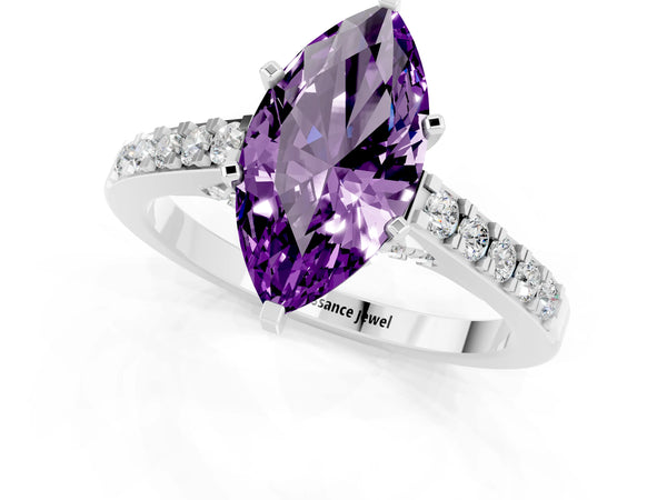 Platinum Marquise Cut Amethyst Solitaire Ring with Crossover Gallery and Round  Pavé Band