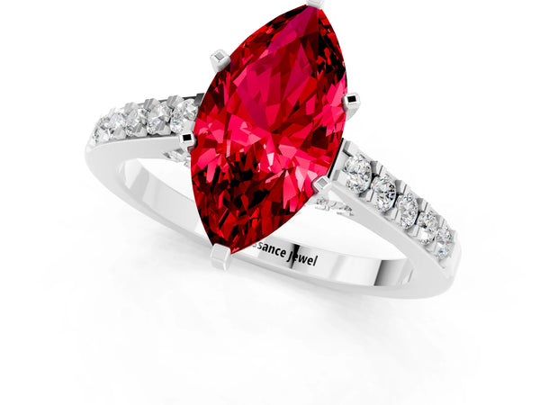Platinum Marquise Cut Ruby Solitaire Ring with Crossover Gallery and Round  Pavé Band