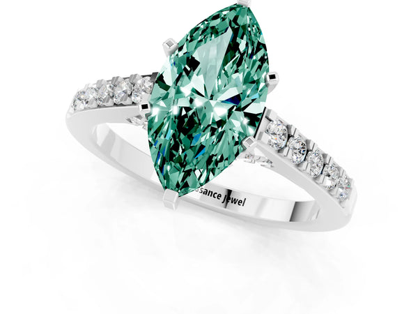 White gold Marquise Cut Green Sapphire Solitaire Ring with Crossover Gallery and Round  Pavé Band