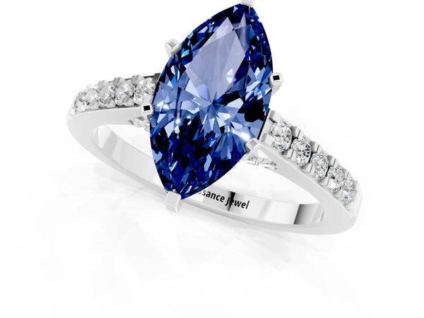 Platinum Marquise Cut Blue Sapphire Solitaire Ring with Crossover Gallery and Round  Pavé Band