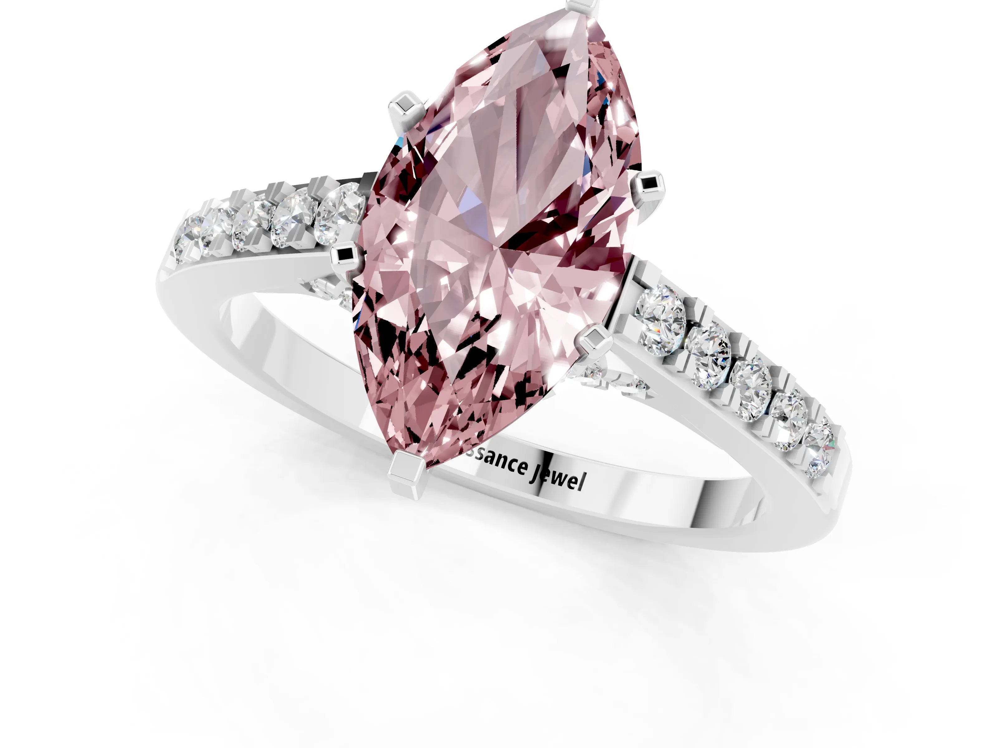 White gold Marquise Cut Diamond Solitaire Ring with Pavé Band and Prong Setting_1