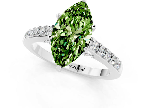 Platinum Marquise Cut Peridot Solitaire Ring with Crossover Gallery and Round  Pavé Band